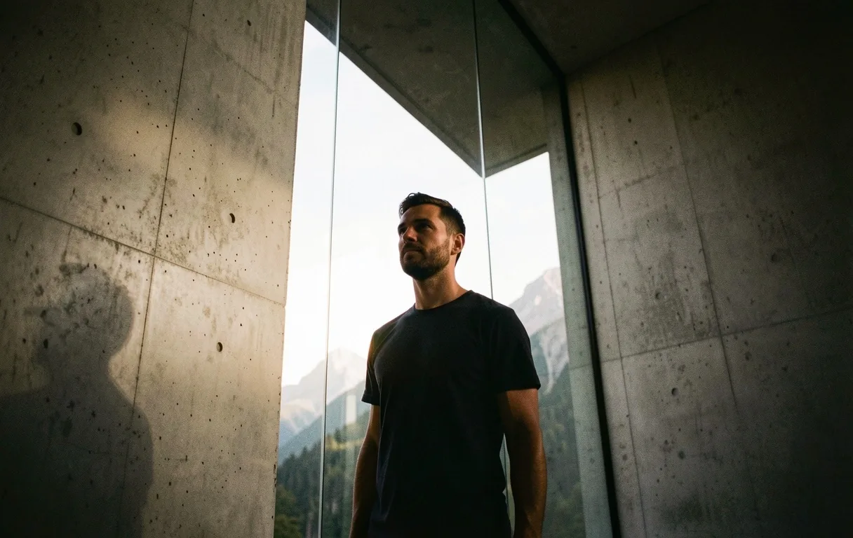 Man reflecting in minimalist architectural setting